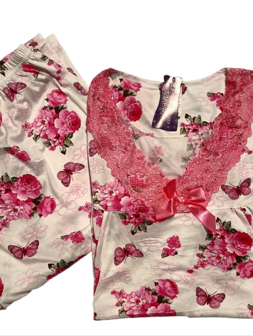 S/M๐ธFloral Lace-Trim Women's Pajama Set in Pink